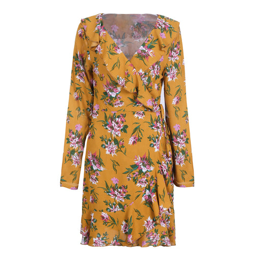 Floral Print Mustard Wrap Dress