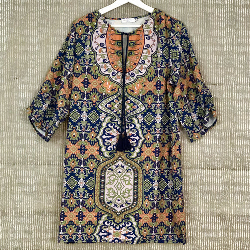 Green & Orange Ethnic Print Tunic Dress