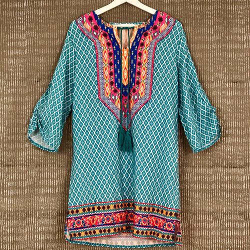 Turquoise Ethnic Print Tunic Dress