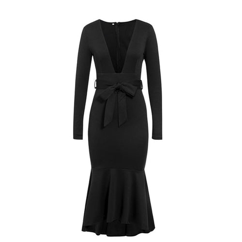 Long Black Deep Neck Evening Dress