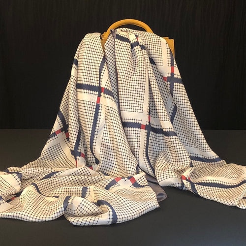 Navy, White & Red Square Pattern Silk Scarf