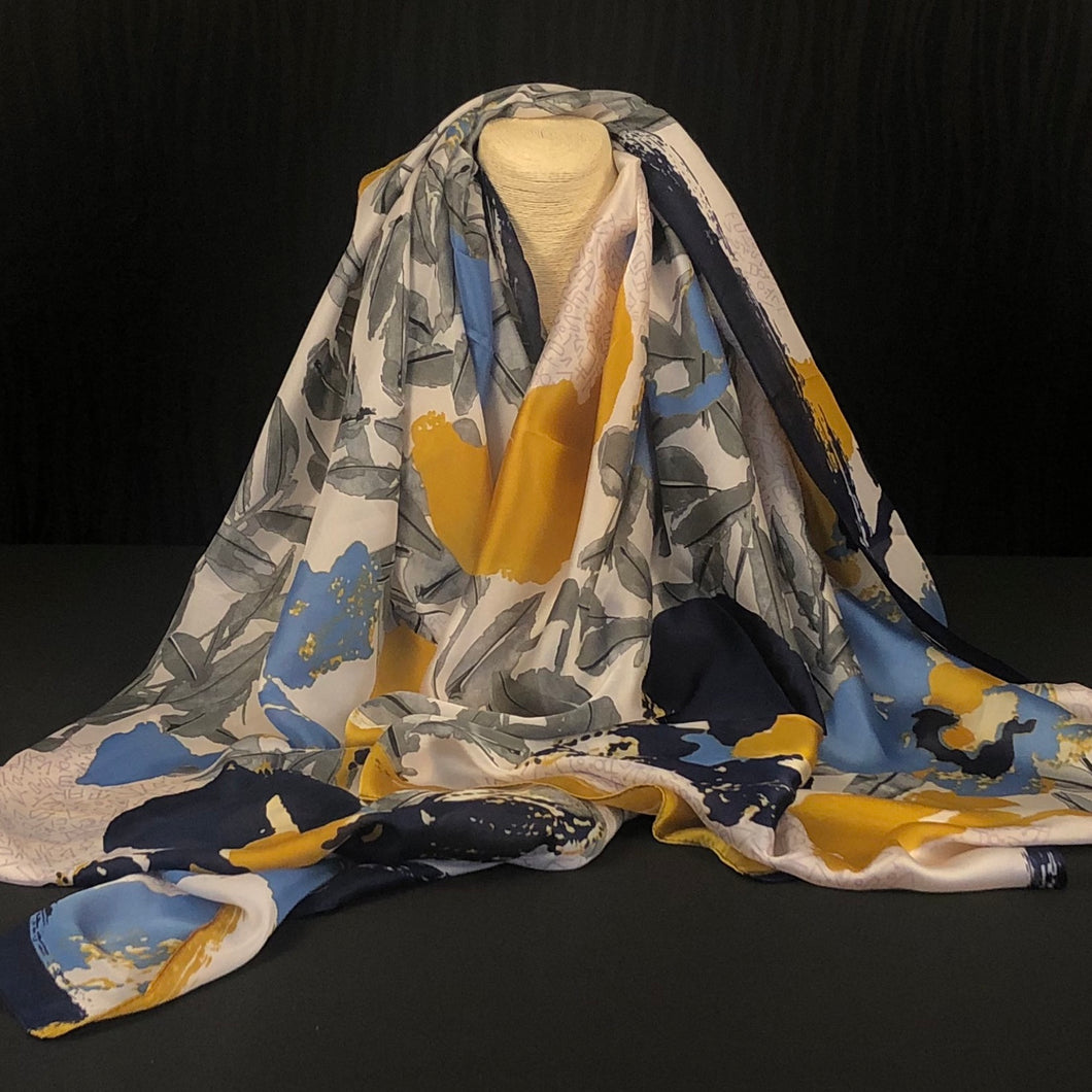 Abstract Print Silk Scarf - Mustard/Blue